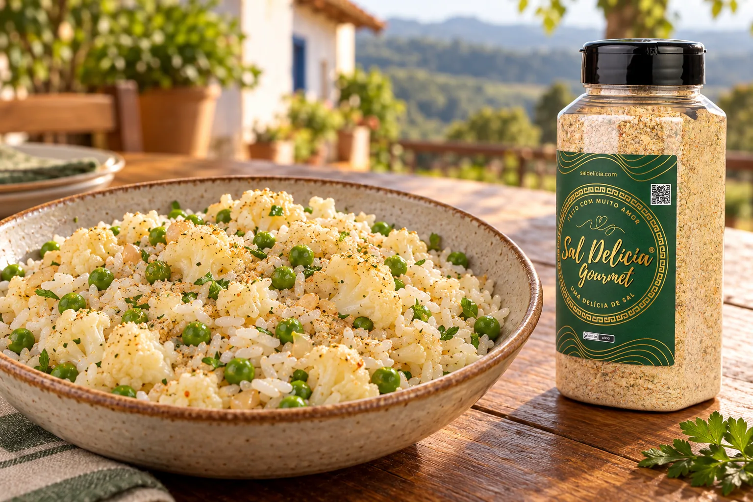 Ilustração do prato: Arroz com couve-flor e ervilha