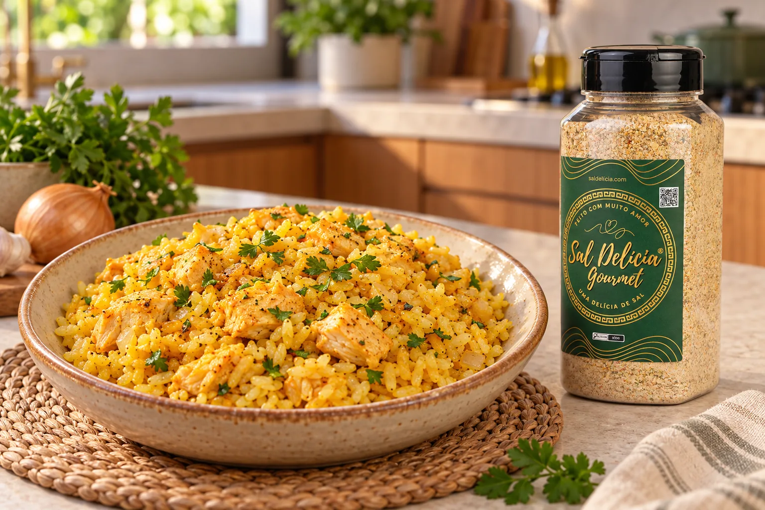 Ilustração do prato: Arroz com frango e açafrão-da-terra