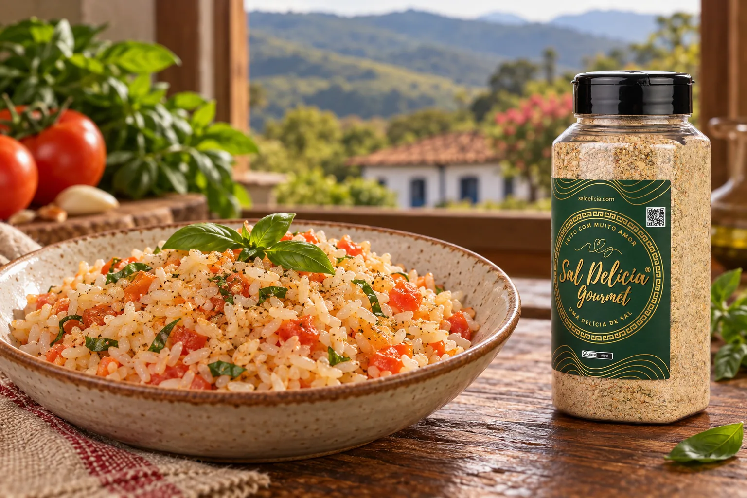 Ilustração do prato: Arroz com tomate e manjericão
