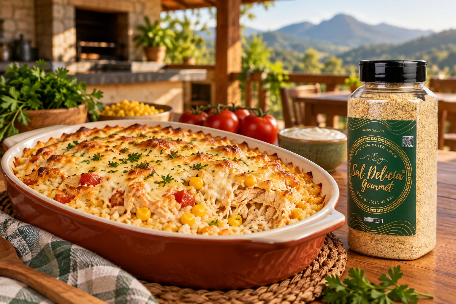 Ilustração do prato: Arroz de forno com frango e queijo