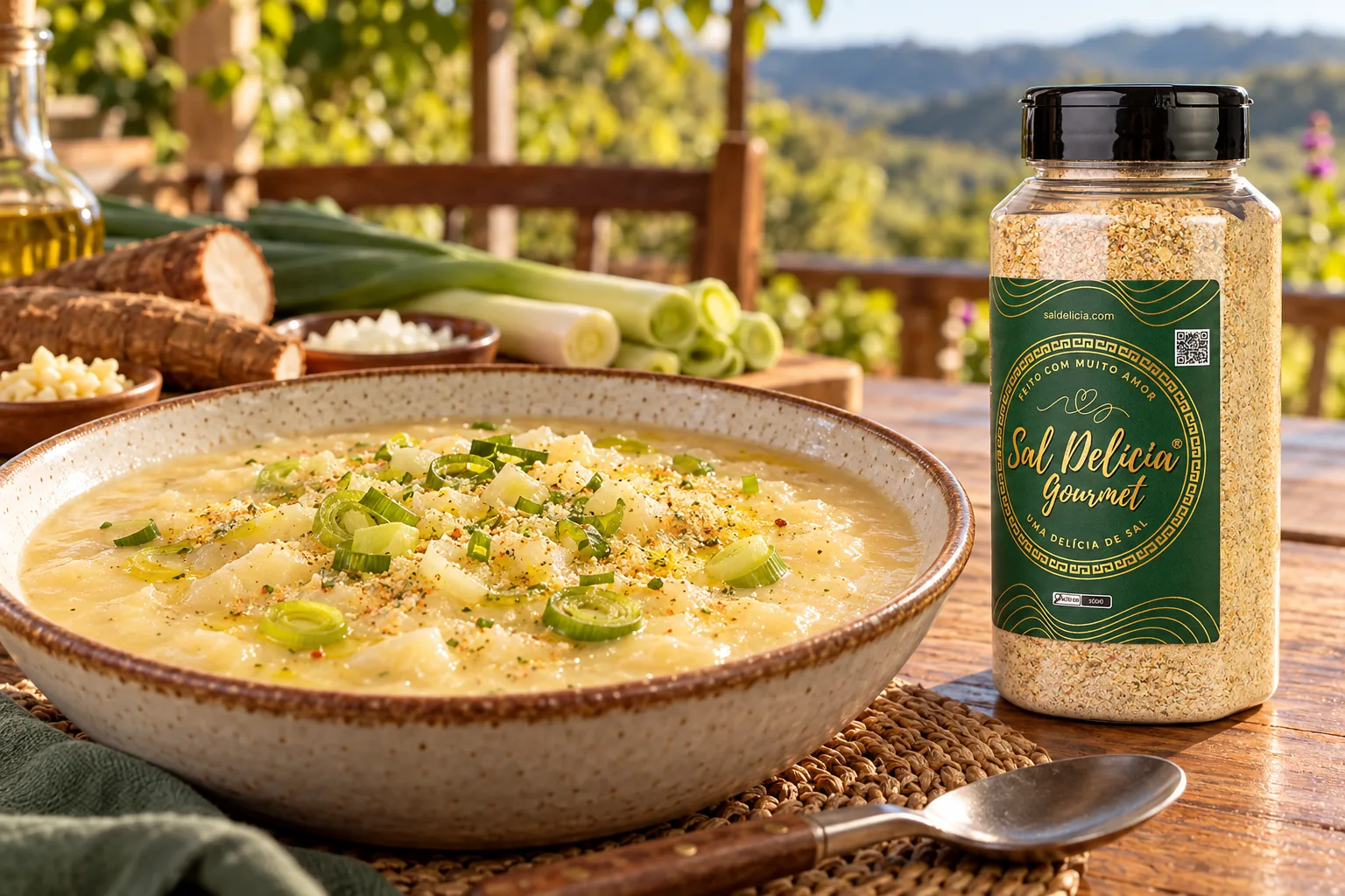 Ilustração do prato: Creme de mandioca com alho-poró