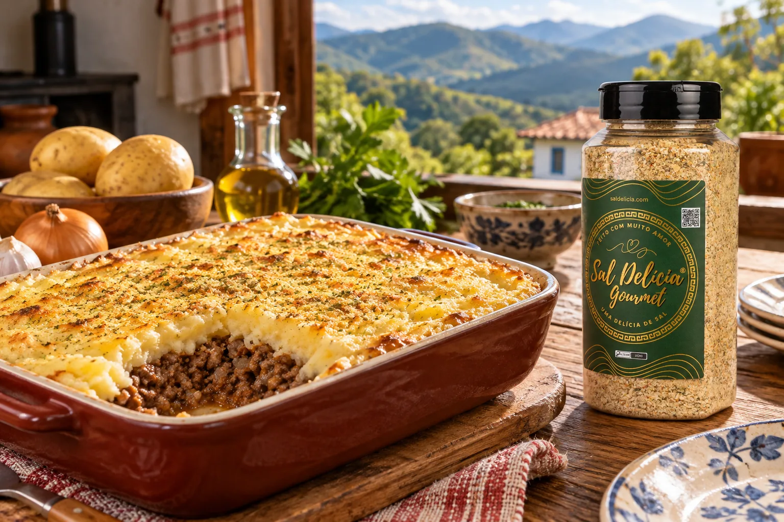 Ilustração do prato: Escondidinho de carne moída com batata