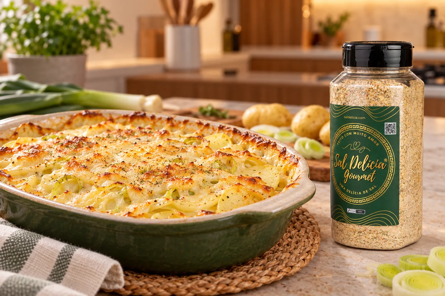 Ilustração do prato: Gratinado de batata com alho-poró