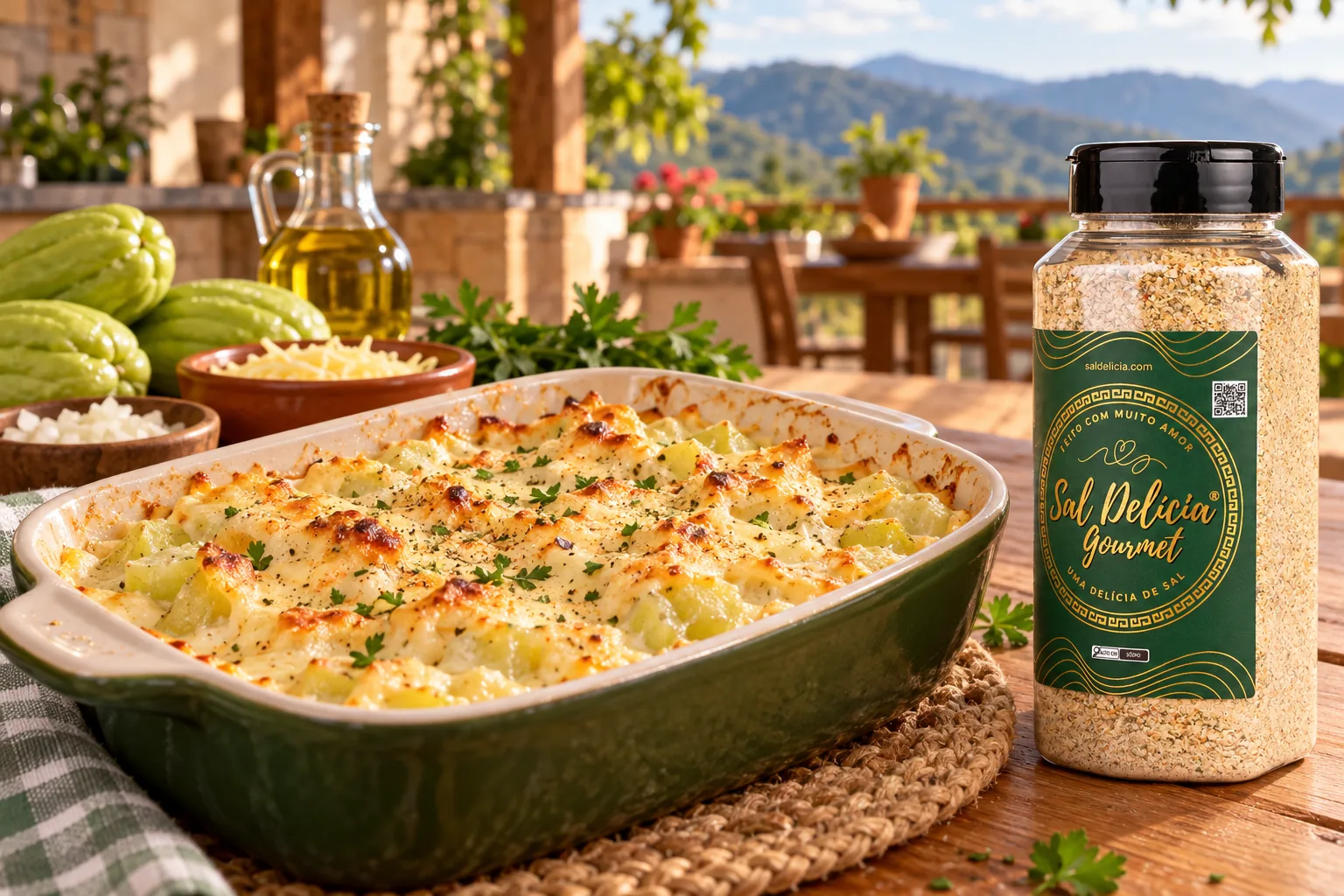 Ilustração do prato: Gratinado de chuchu com queijo