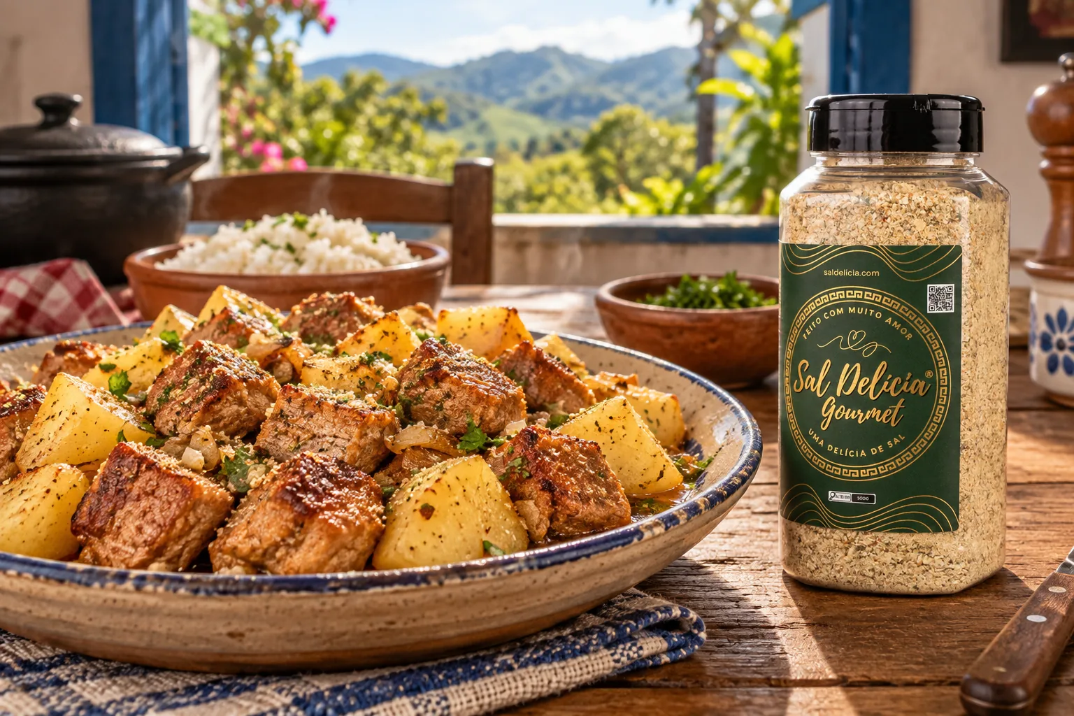 Ilustração do prato: Pernil em cubos com batata
