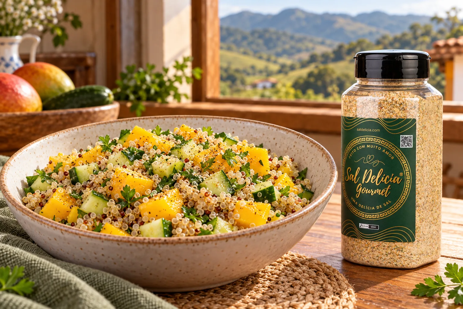 Ilustração do prato: Salada de quinoa com manga e pepino