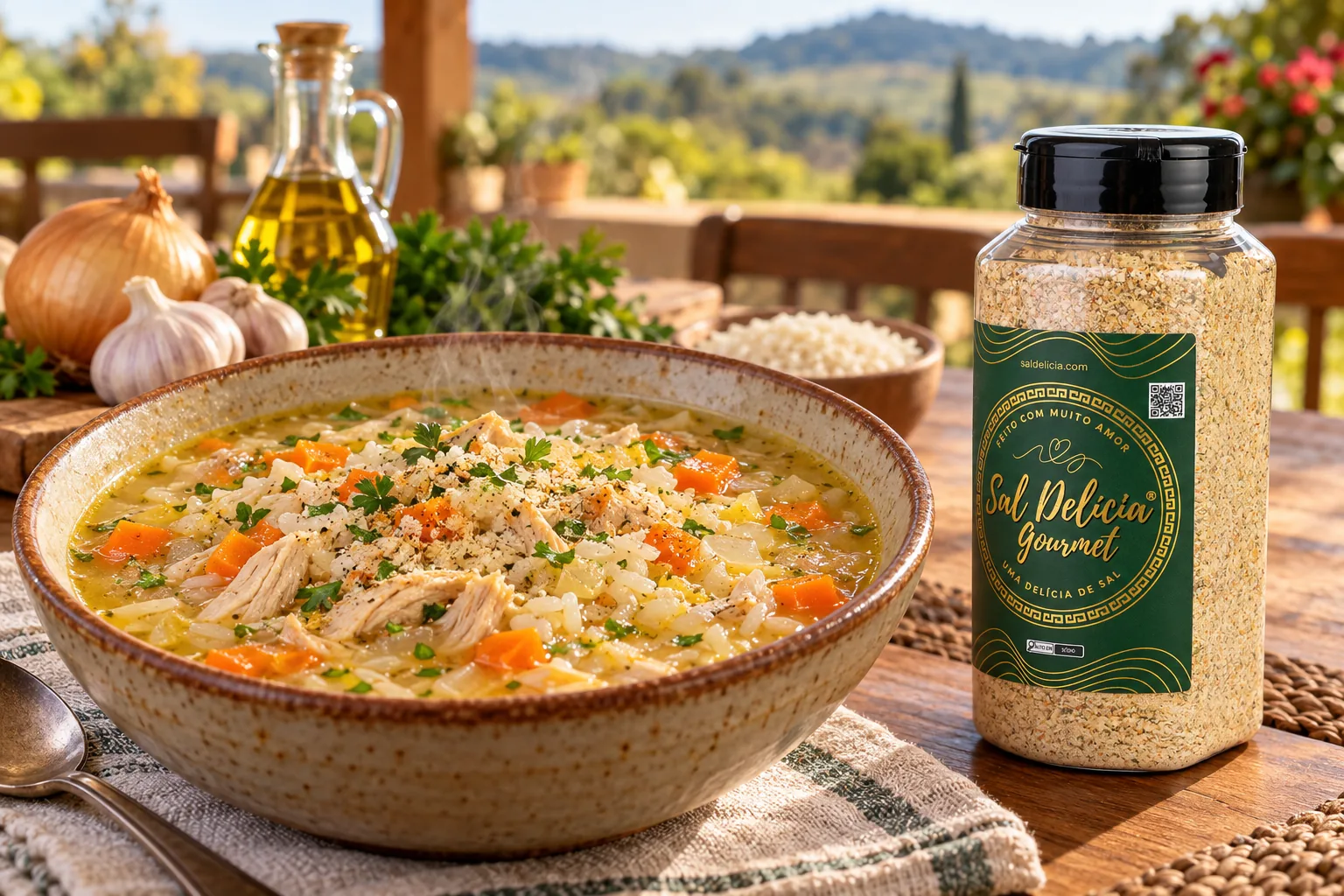 Ilustração do prato: Sopa de arroz com frango e cenoura