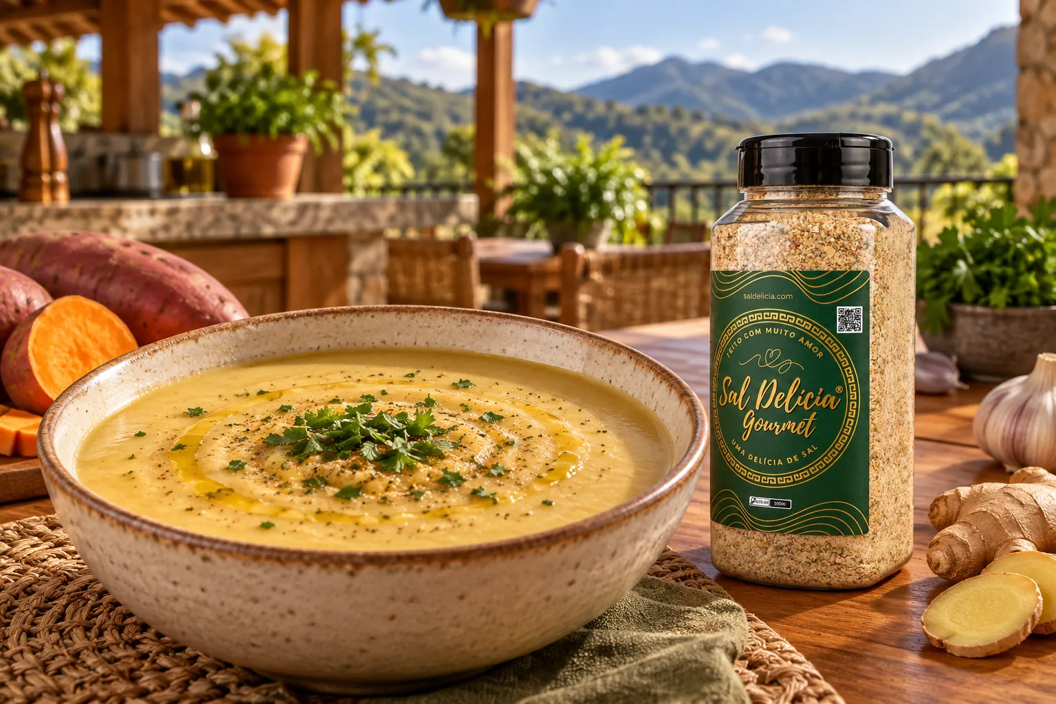 Ilustração do prato: Sopa de batata-doce com gengibre