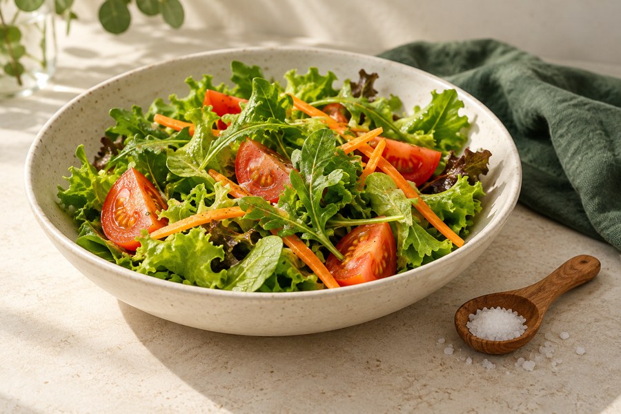 Ilustração de uma pequena porção de sal, balança culinária e salada