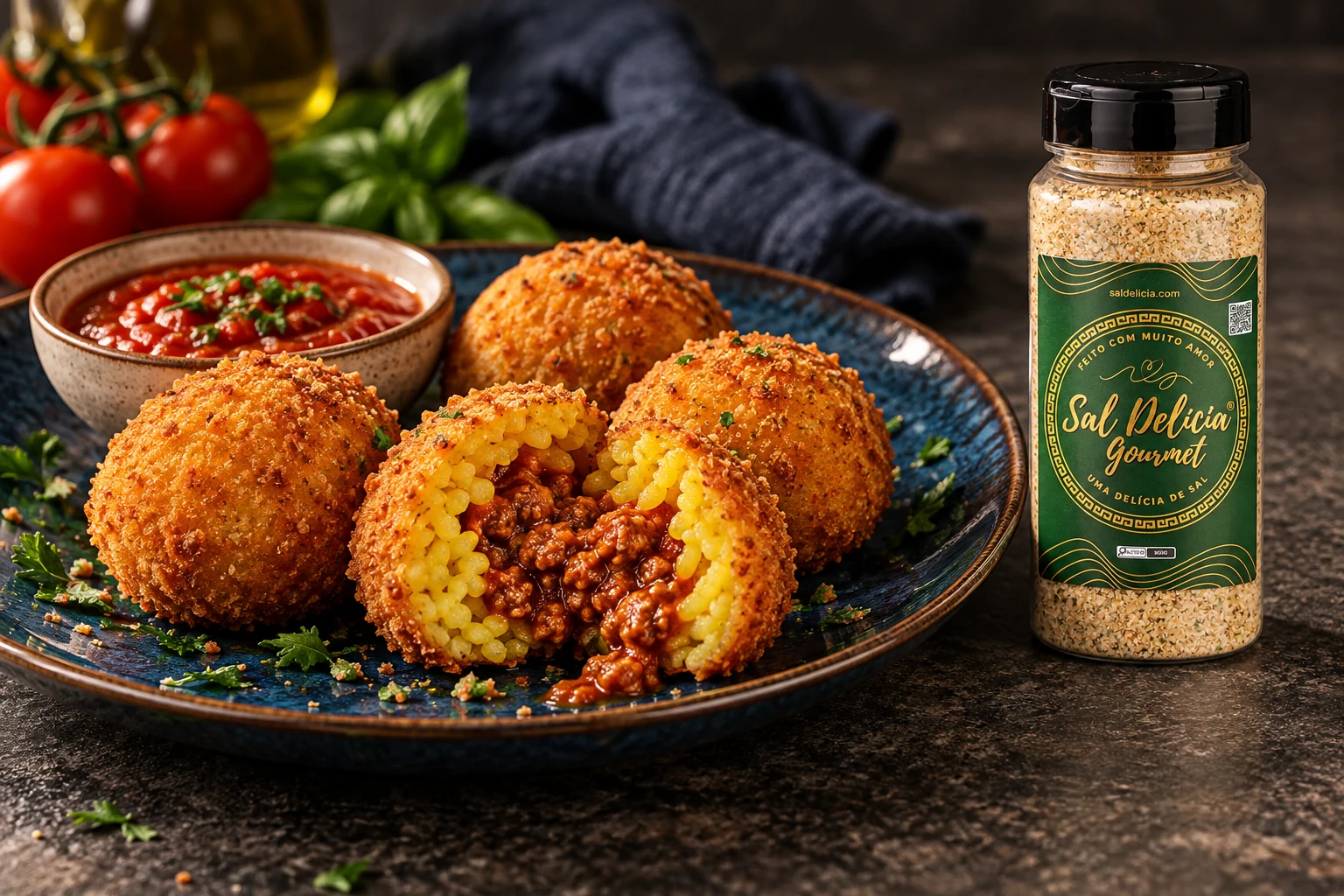 Ilustração do prato: Arancini de arroz com recheio de carne