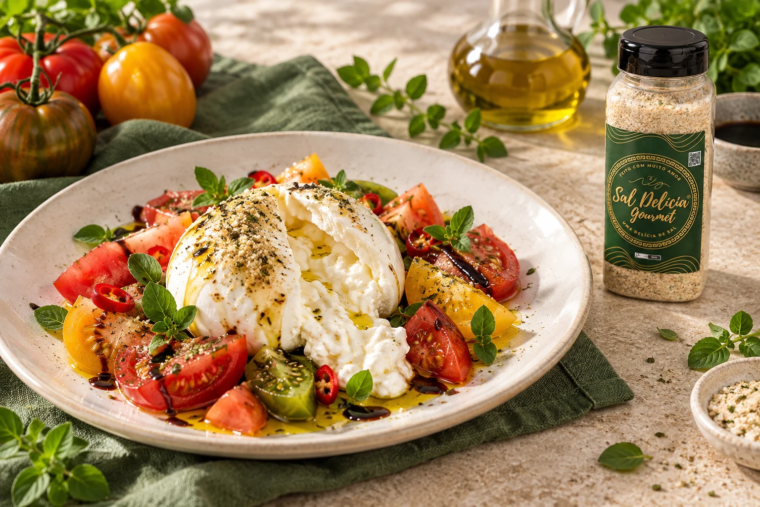 Ilustração do prato: Burrata com tomates, pimenta e ervas