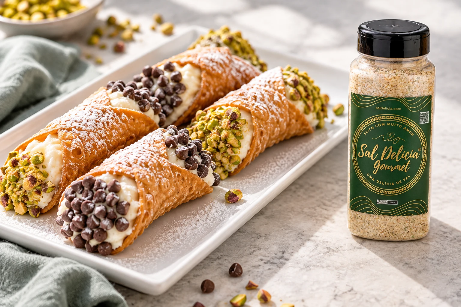 Ilustração do prato: Cannoli de ricota com pistache e chocolate