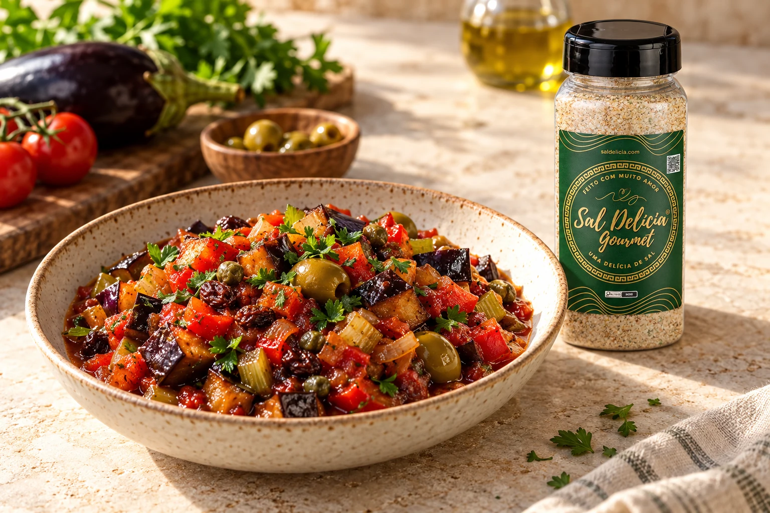 Ilustração do prato: Caponata de berinjela com azeitonas e passas