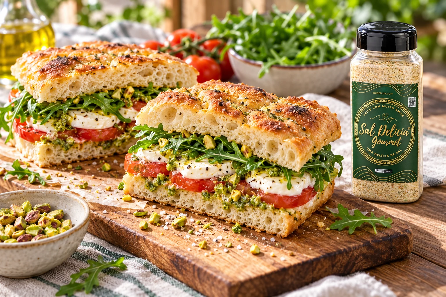 Ilustração do prato: Sanduíche caprese com pesto de pistache