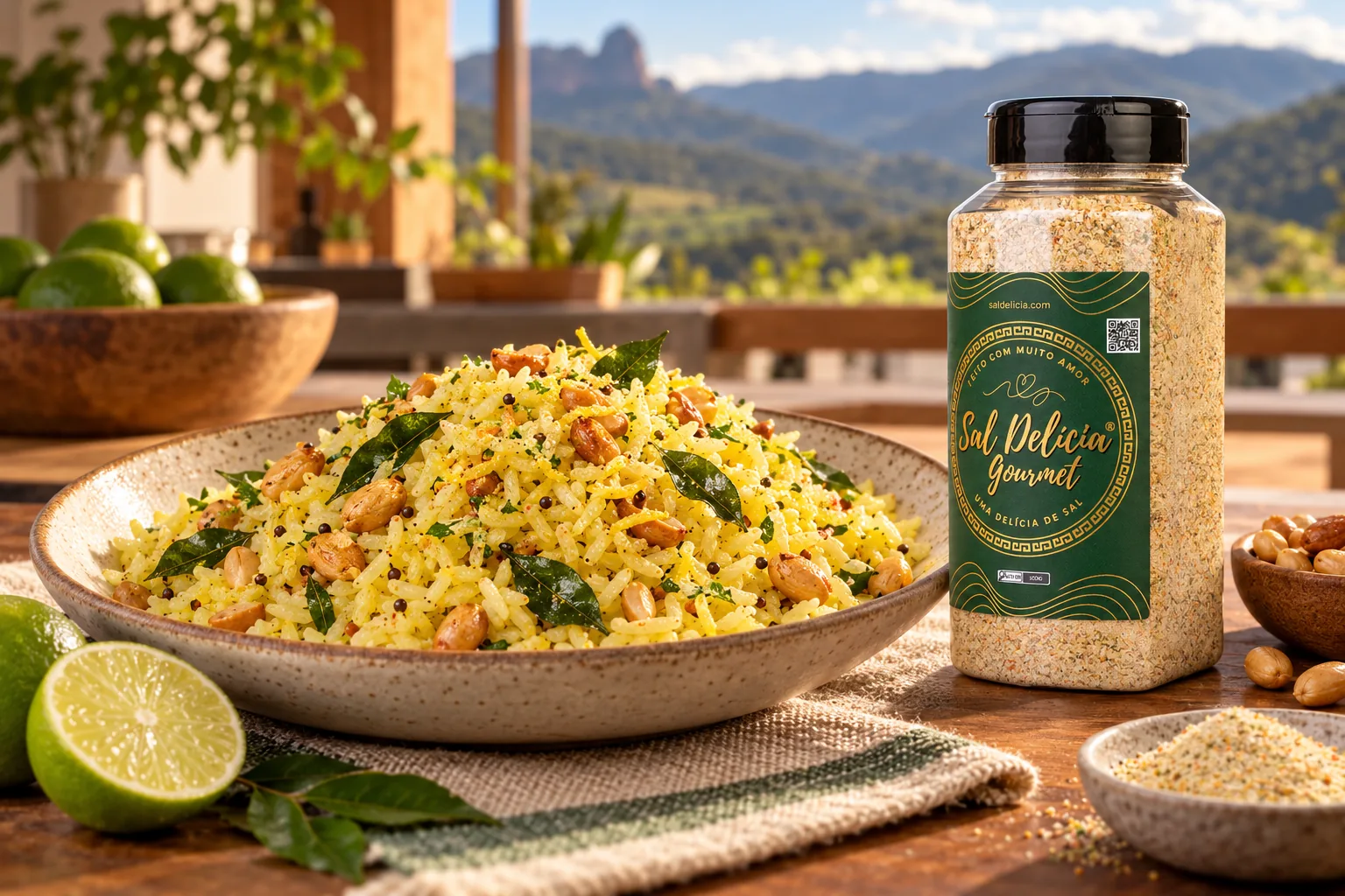 Ilustração do prato: Arroz de limão com amendoim e folhas de curry