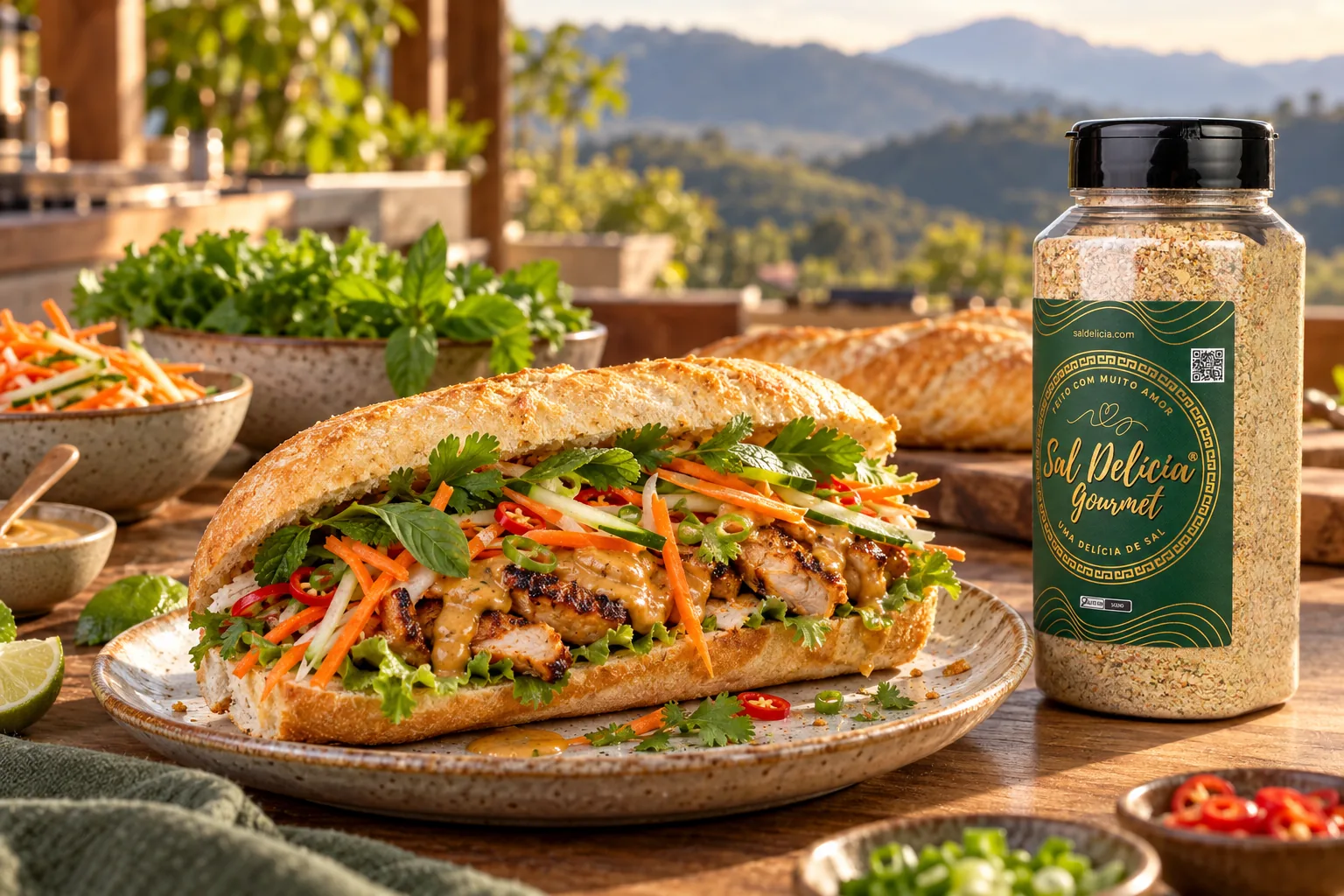 Ilustração do prato: Banh mi de frango satay com legumes curtidos