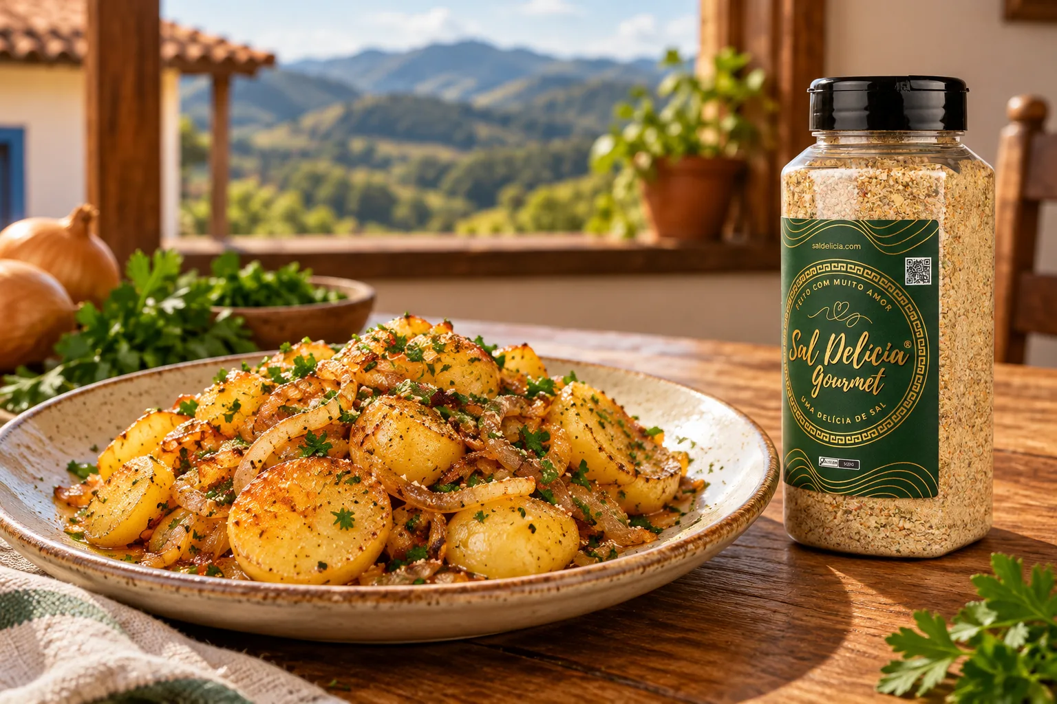 Ilustração do prato: Batatas à lyonnaise com cebola dourada