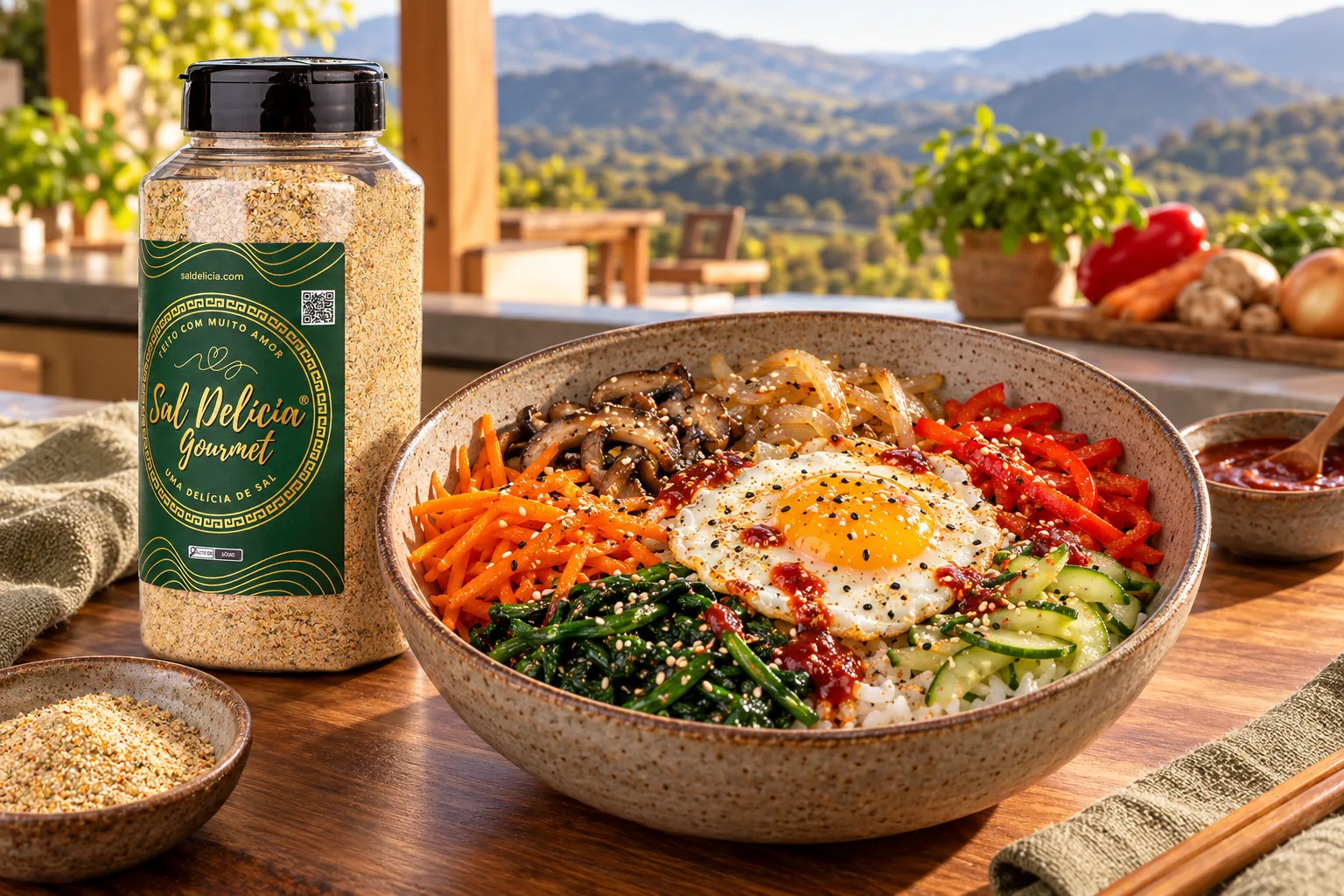 Ilustração do prato: Bibimbap de legumes com ovo e molho picante