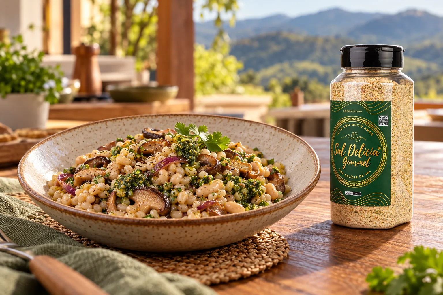 Ilustração do prato: Cevada com missô, cogumelos e pesto de coentro