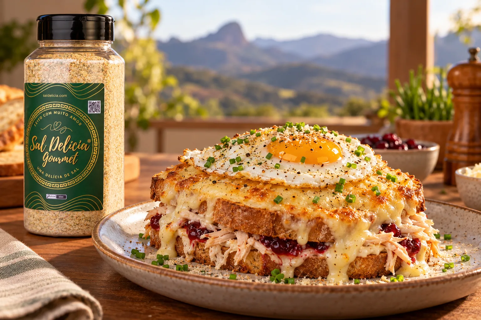 Ilustração do prato: Croque madame de peru com cranberry e molho branco