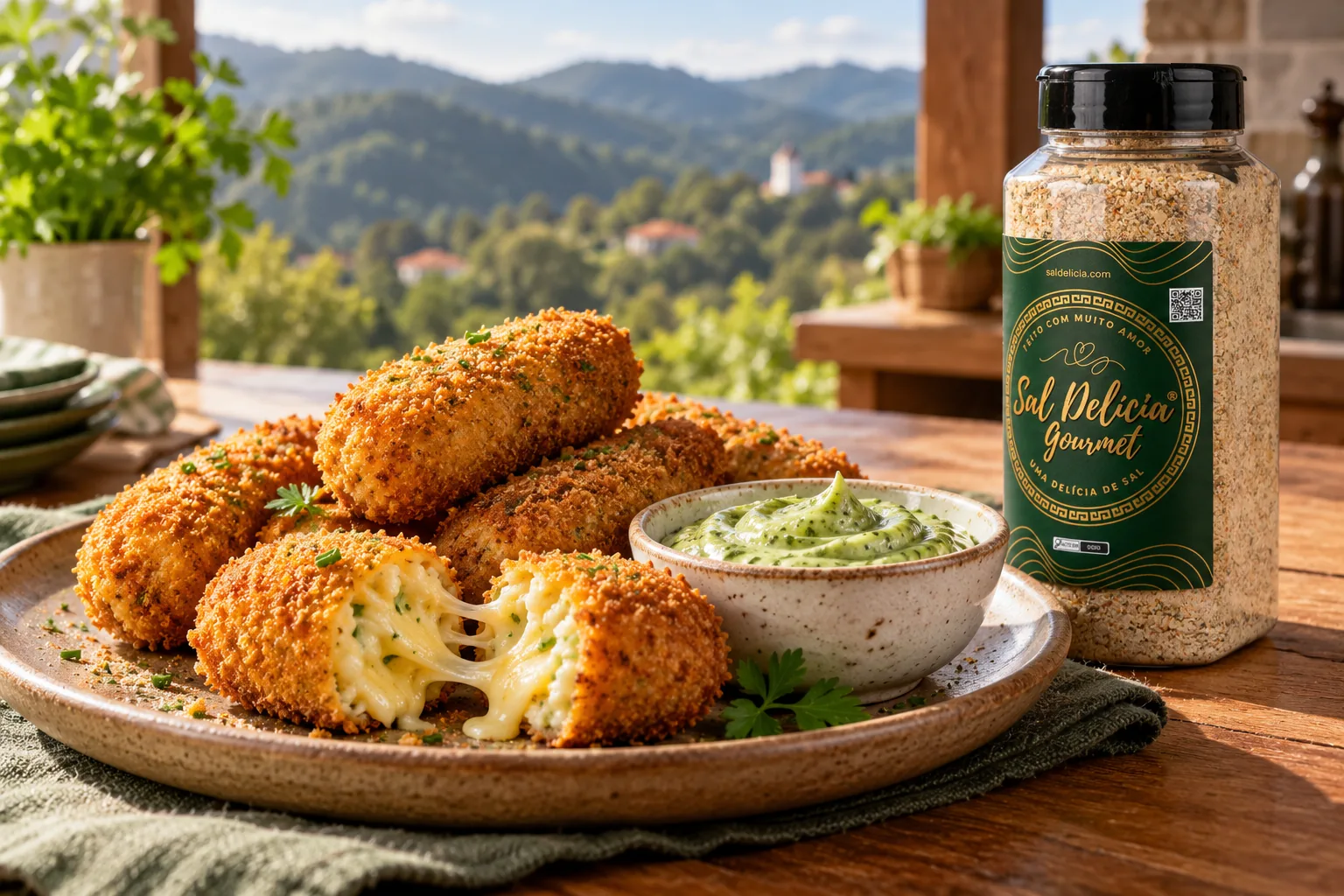 Ilustração do prato: Croquetes de três queijos com maionese verde