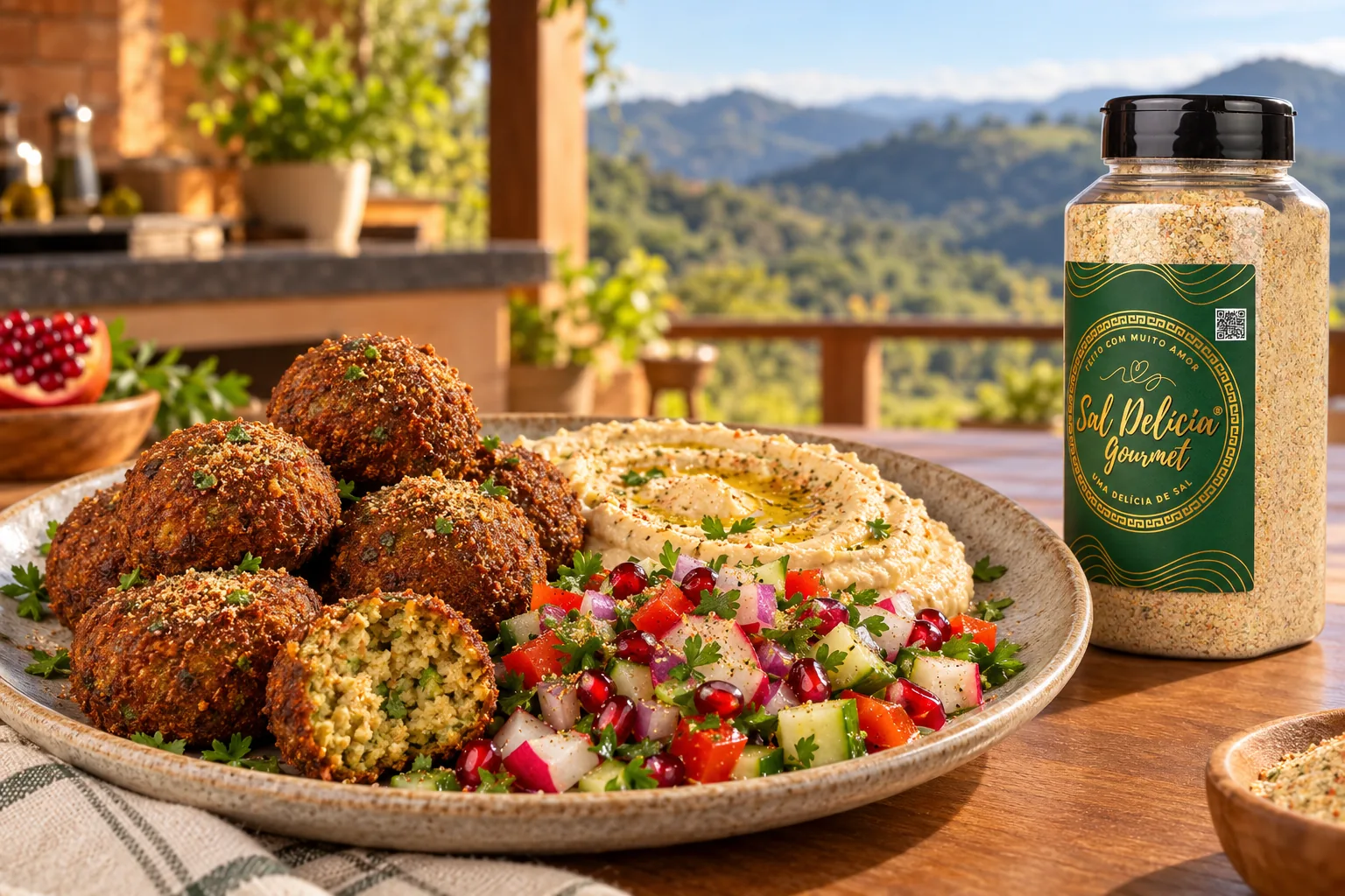 Ilustração do prato: Falafel com homus e salada picada de romã