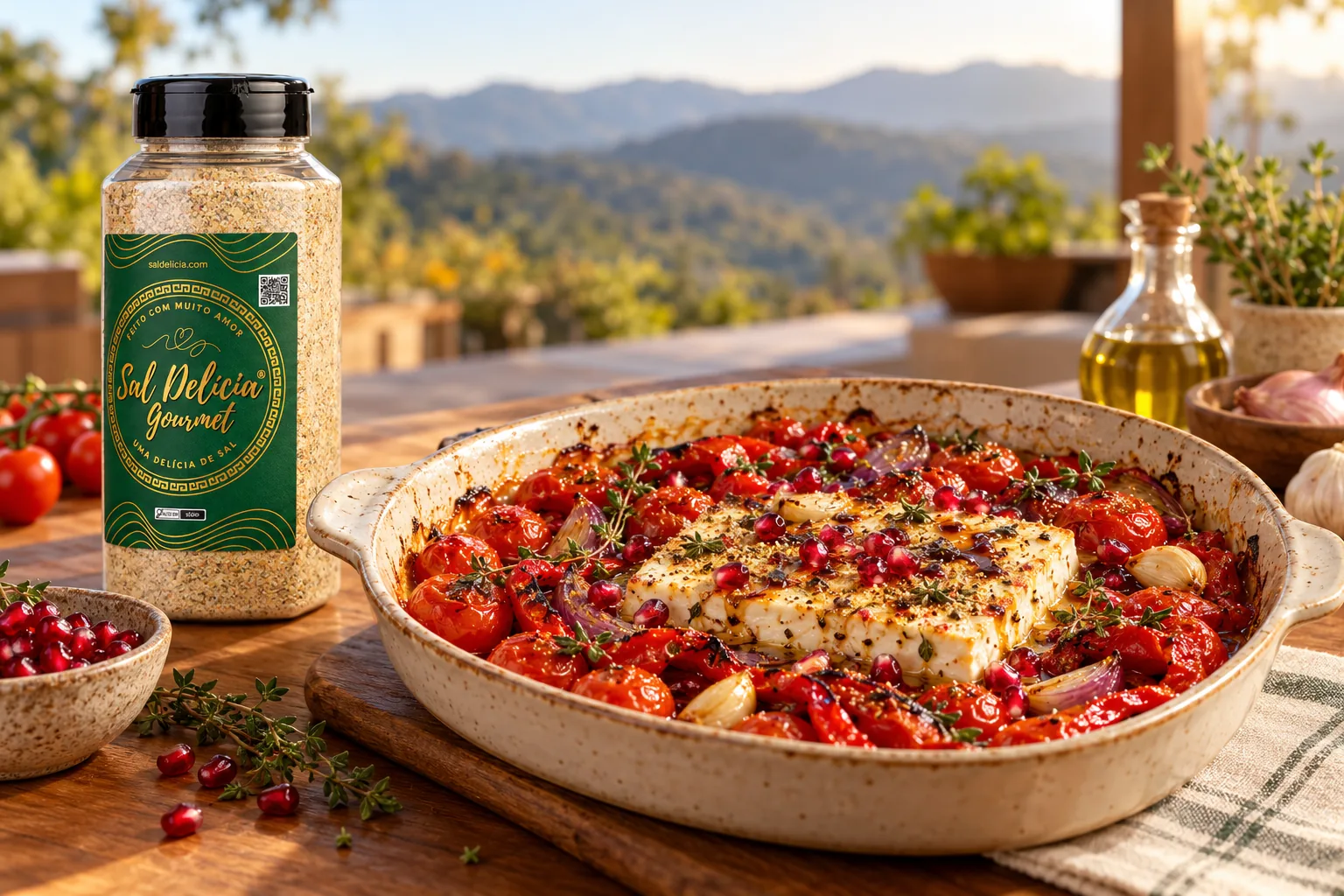 Ilustração do prato: Feta assado com tomates e melaço de romã