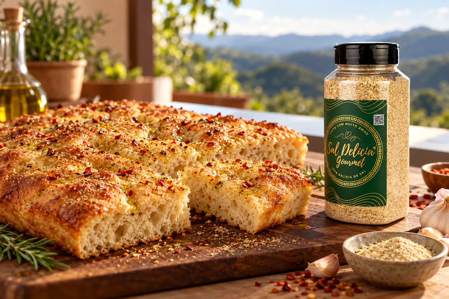 Ilustração do prato: Focaccia de fermentação natural com alho e pimenta