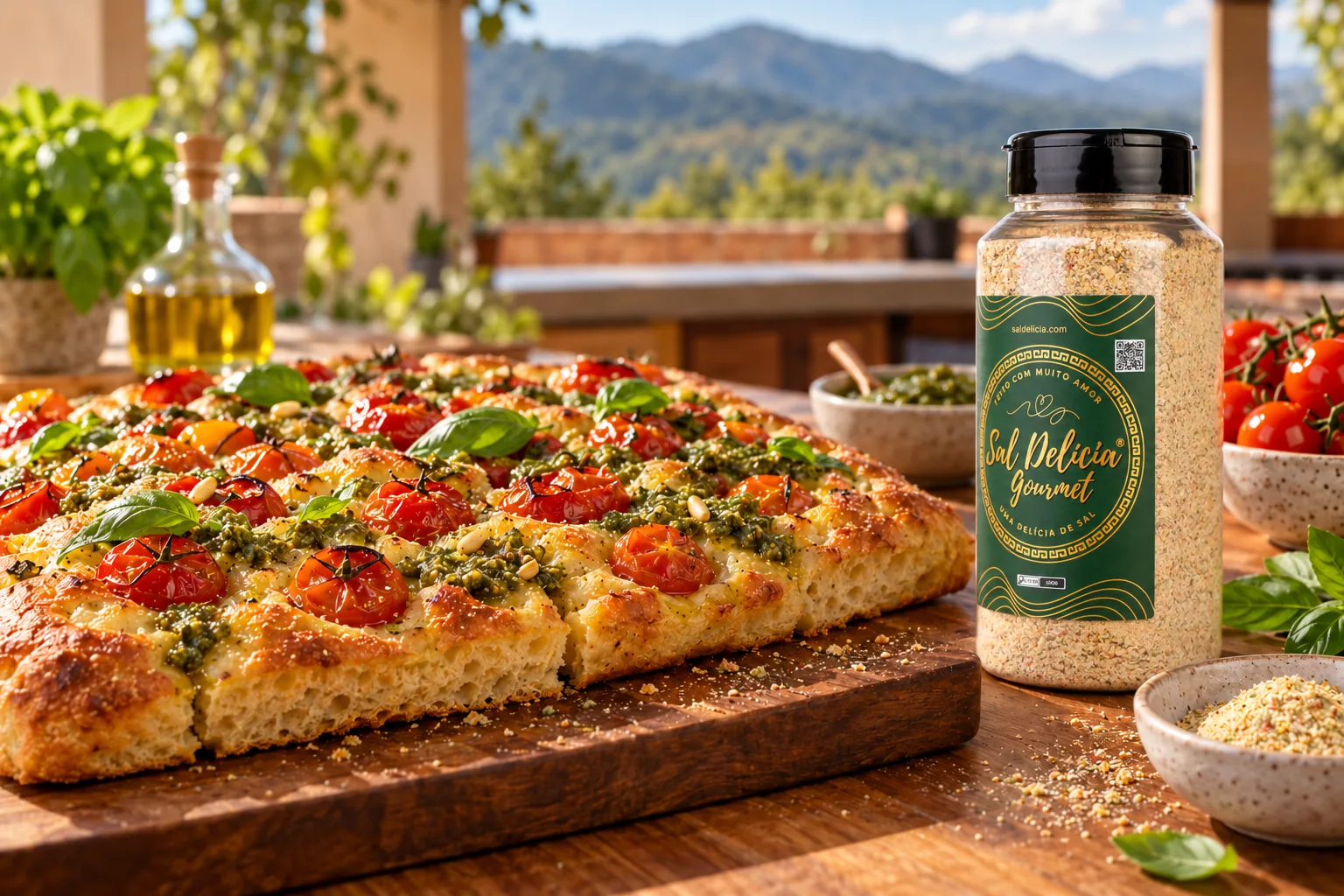 Ilustração do prato: Focaccia de tomates-cereja com pesto de manjericão