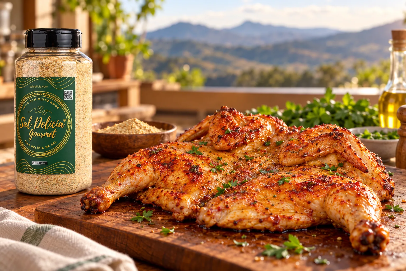 Ilustração do prato: Frango aberto com marinada de kefir e páprica