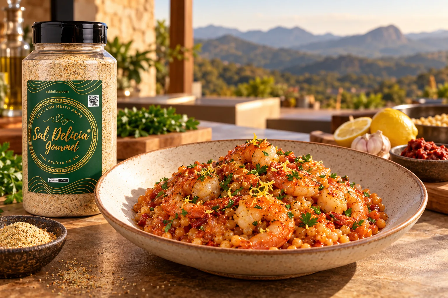 Ilustração do prato: Fregola de camarões com nduja e gremolata