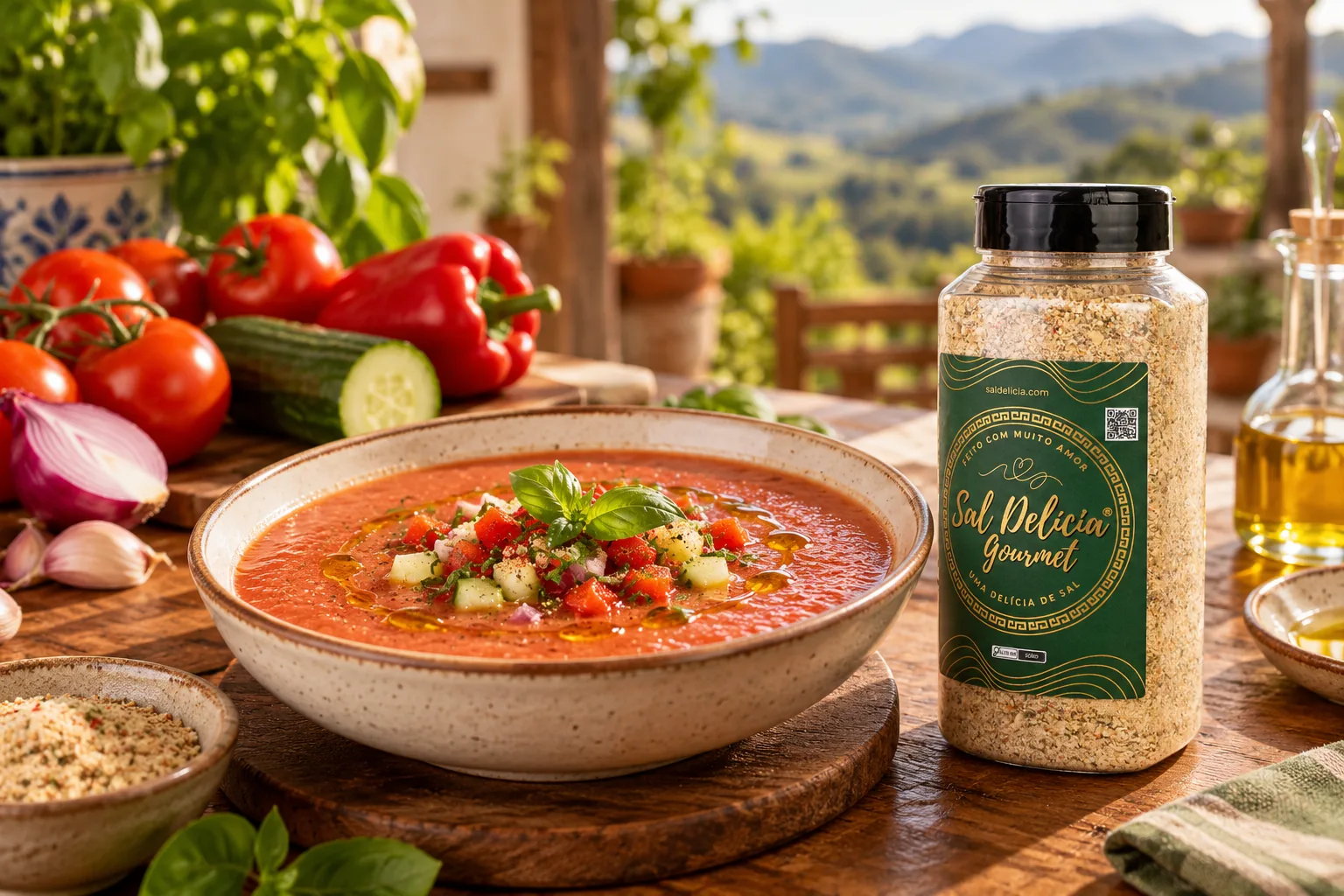 Ilustração do prato: Gazpacho de tomate com pepino e manjericão