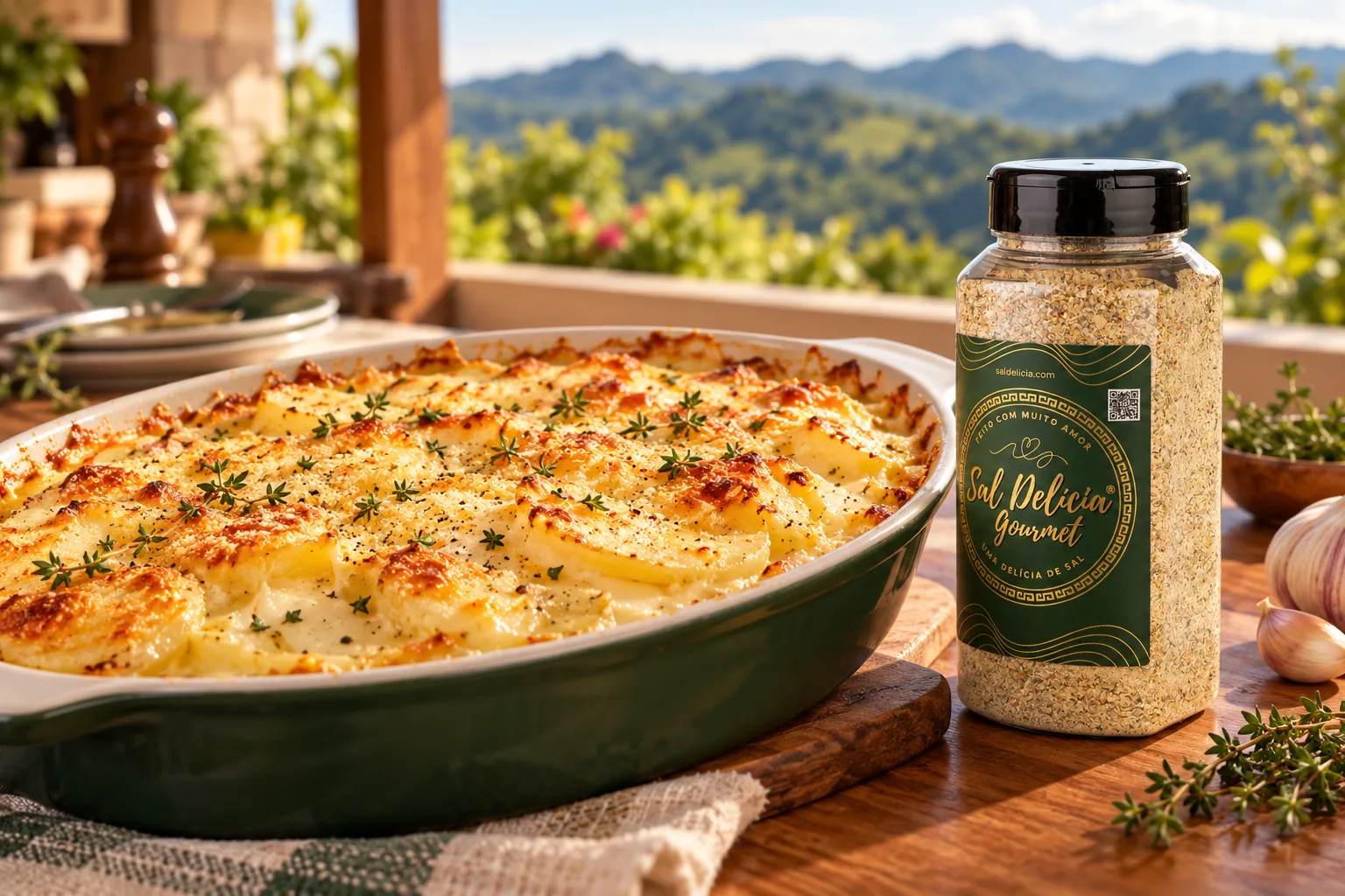 Ilustração do prato: Gratinado de batatas com creme de alho e tomilho