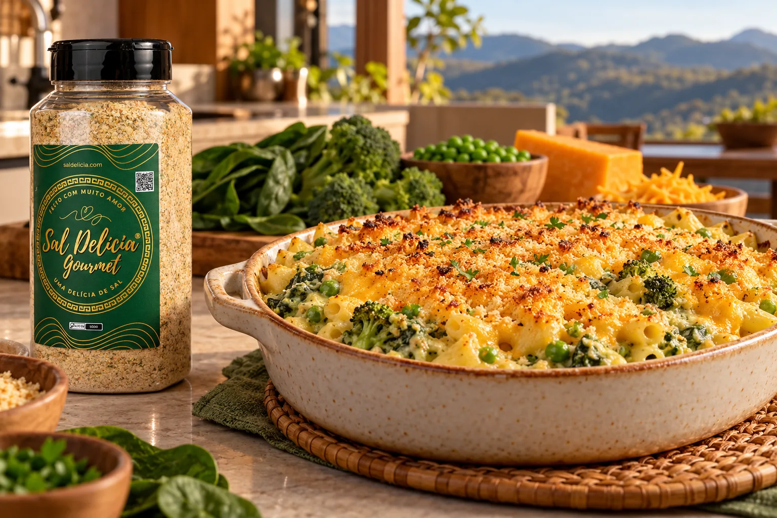 Ilustração do prato: Macarrão gratinado com creme verde e cheddar