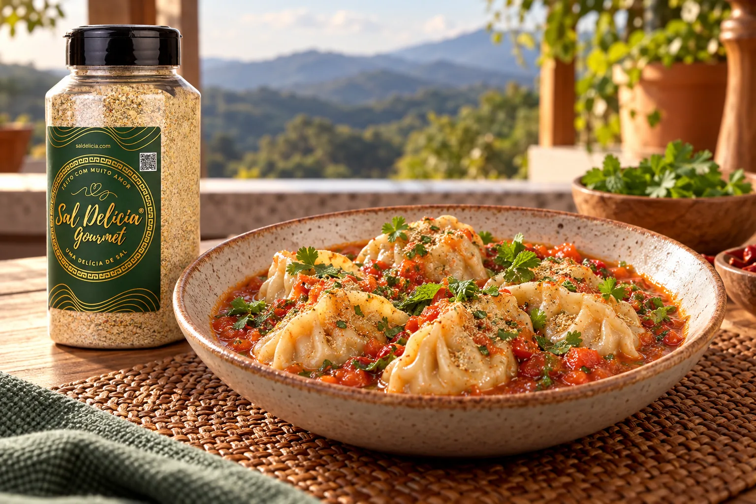 Ilustração do prato: Momos de frango com molho de tomate e pimenta