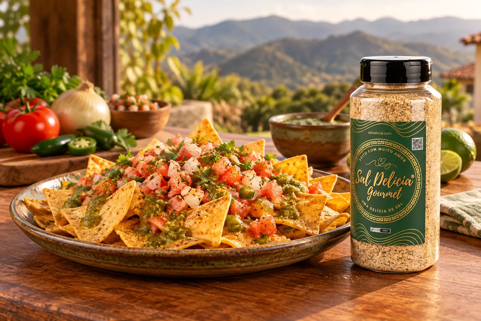 Ilustração do prato: Nachos com pico de gallo e molho de pimentão verde
