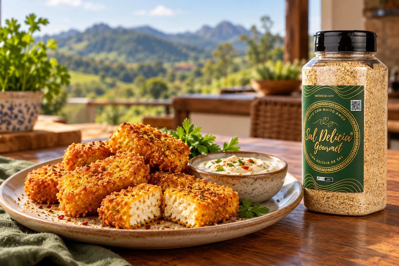 Ilustração do prato: Nuggets de tofu com cúrcuma e páprica