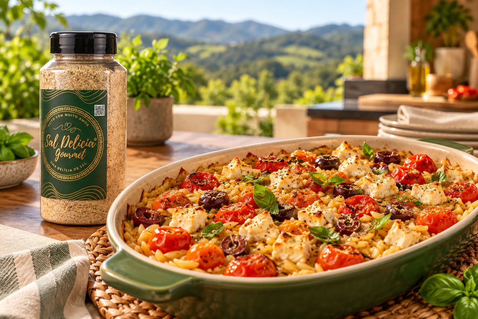 Ilustração do prato: Orzo de forno com feta, tomates e azeitonas