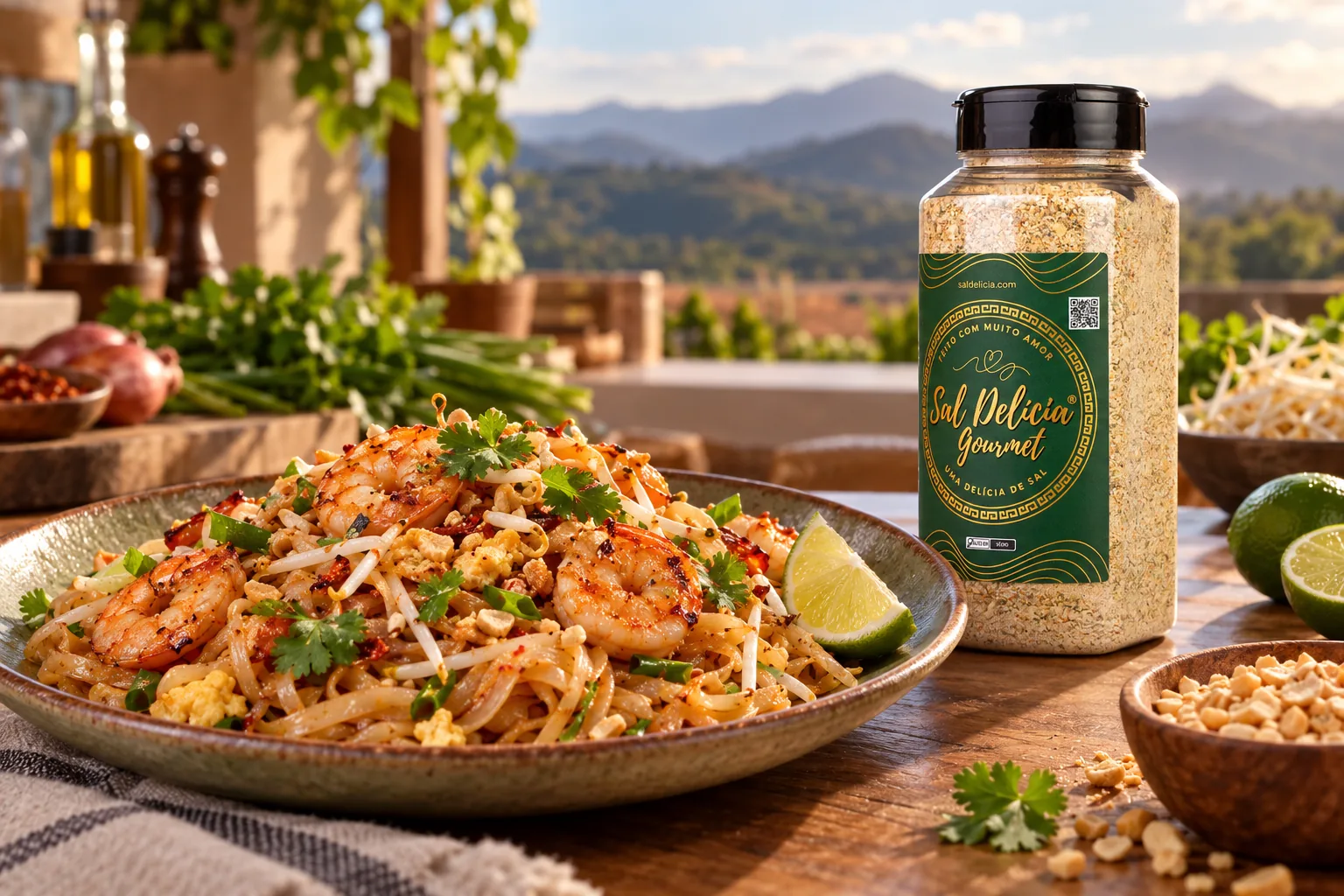 Ilustração do prato: Pad thai de camarão com tamarindo e amendoim