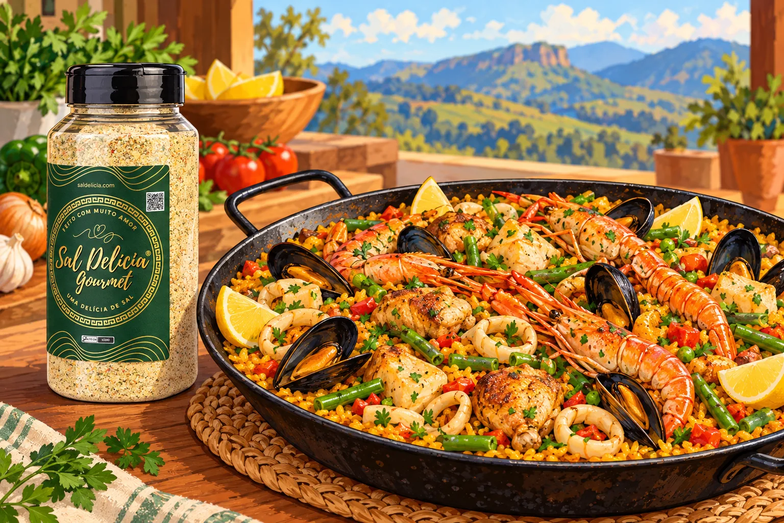 Ilustração do prato: Paella mista de frango, peixe e frutos do mar