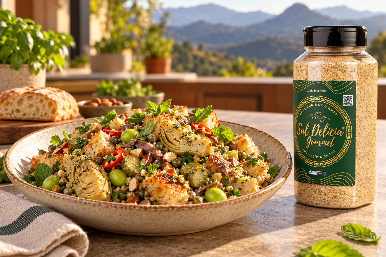 Ilustração do prato: Panzanella de alcachofras com freekeh e molho verde