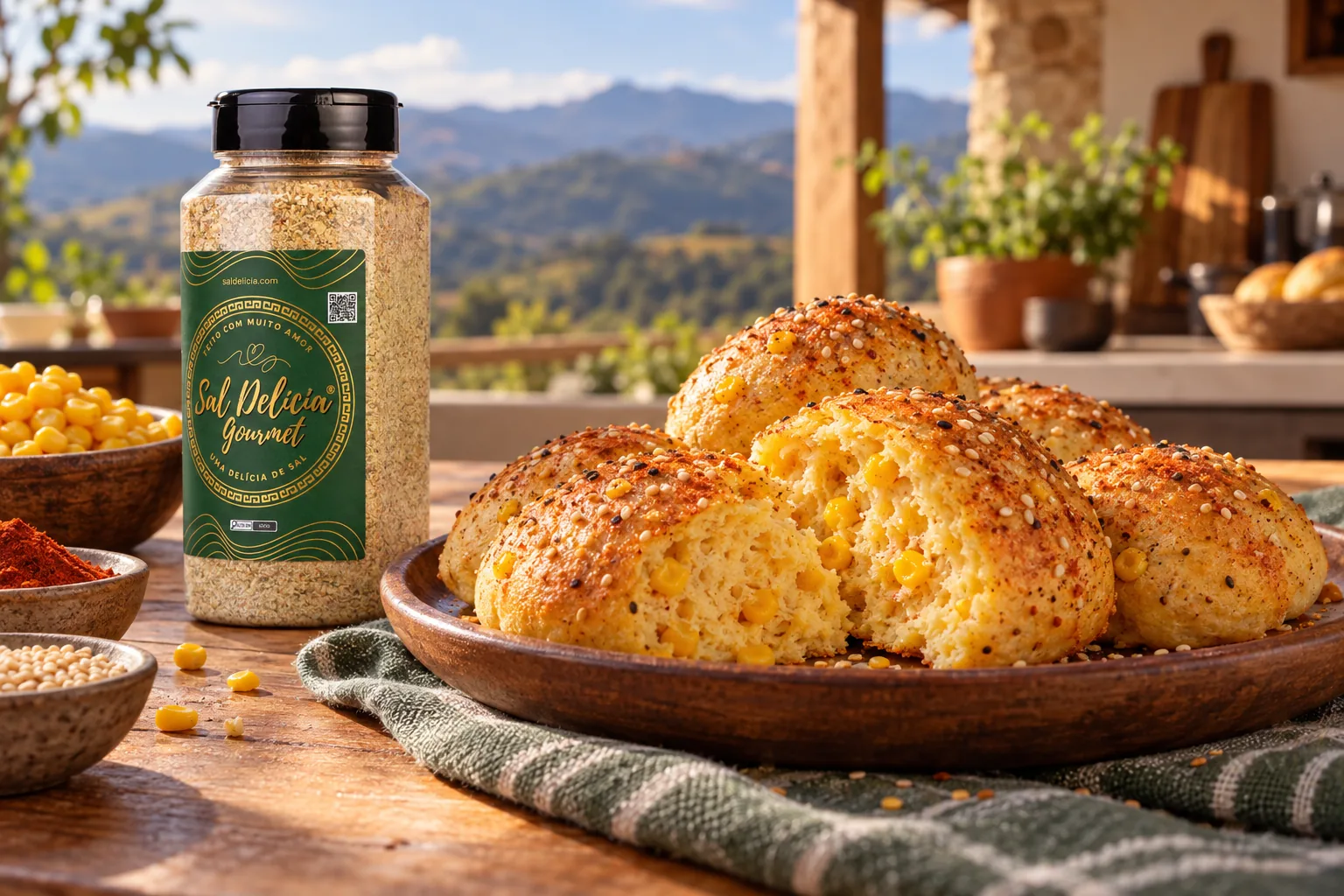 Ilustração do prato: Pão salgado de milho com páprica e gergelim
