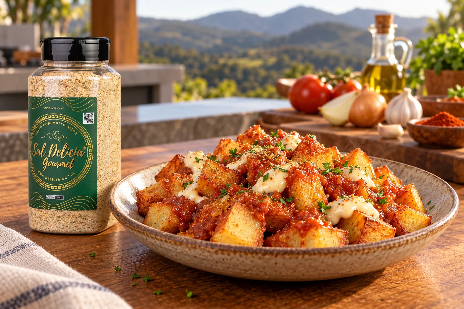 Ilustração do prato: Patatas bravas com molho de páprica picante