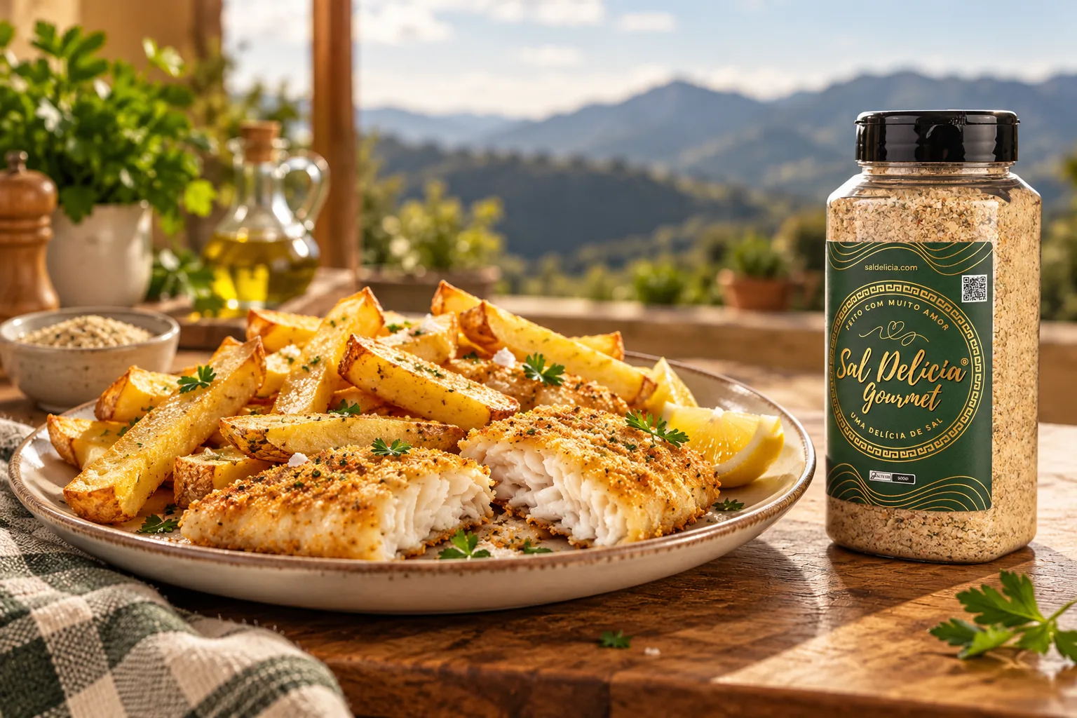 Ilustração do prato: Peixe empanado na air fryer com batatas e ervilhas