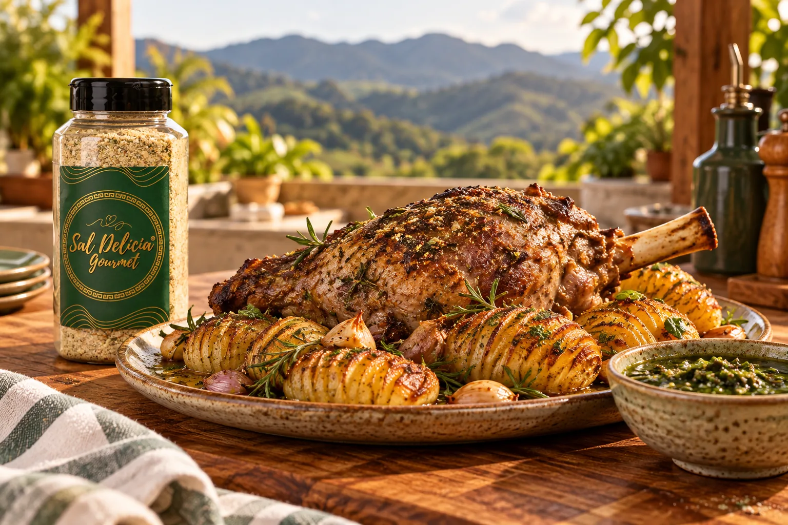Ilustração do prato: Pernil de cordeiro com batatas sanfonadas e molho verde