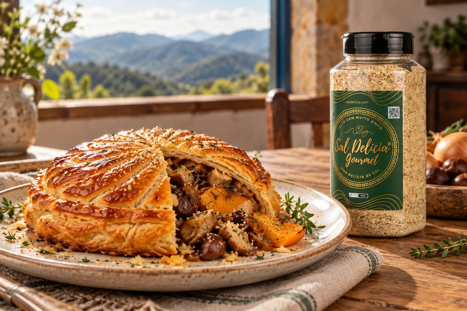 Ilustração do prato: Pithivier de legumes, castanhas e cebola caramelizada