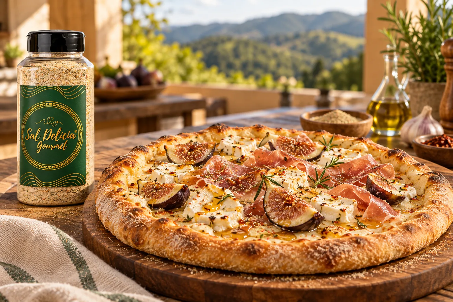 Ilustração do prato: Pizza de queijo de cabra, figos e presunto curado