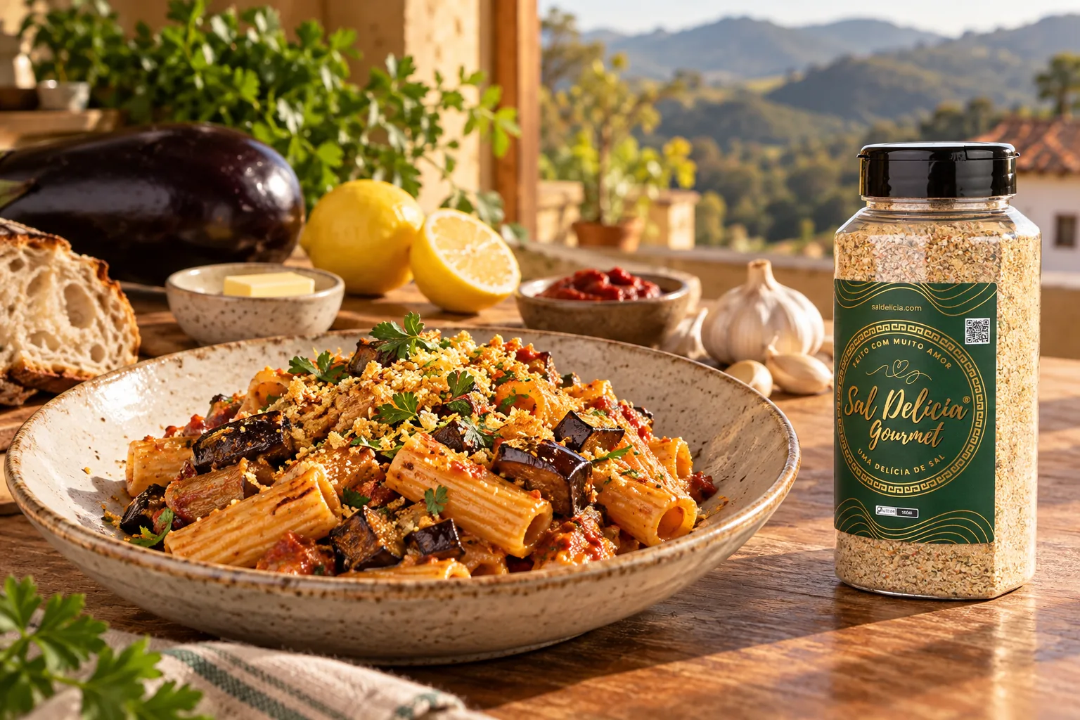 Ilustração do prato: Rigatoni com berinjela assada e harissa
