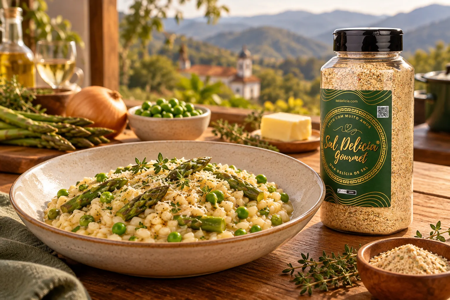 Ilustração do prato: Risoto de aspargos, ervilhas e parmesão