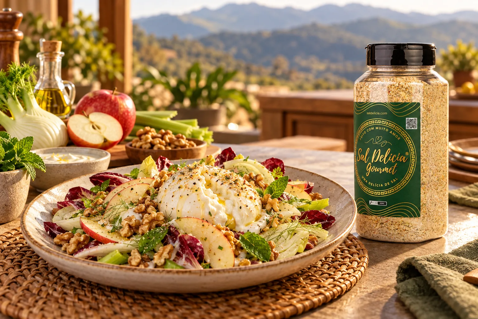 Ilustração do prato: Salada de burrata, maçã e nozes ao mel